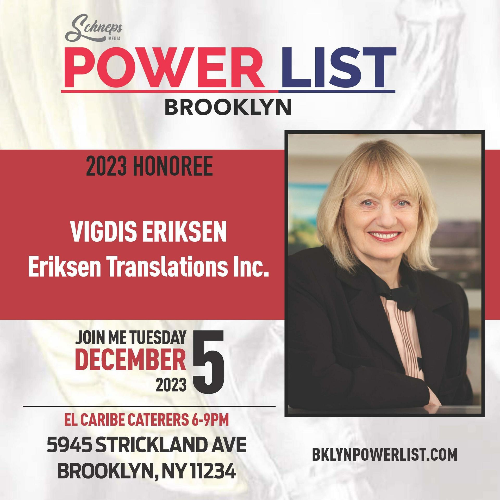 Eriksen Translations Founder & CEO Vigdis Eriksen Named to 2023 Brooklyn Power List